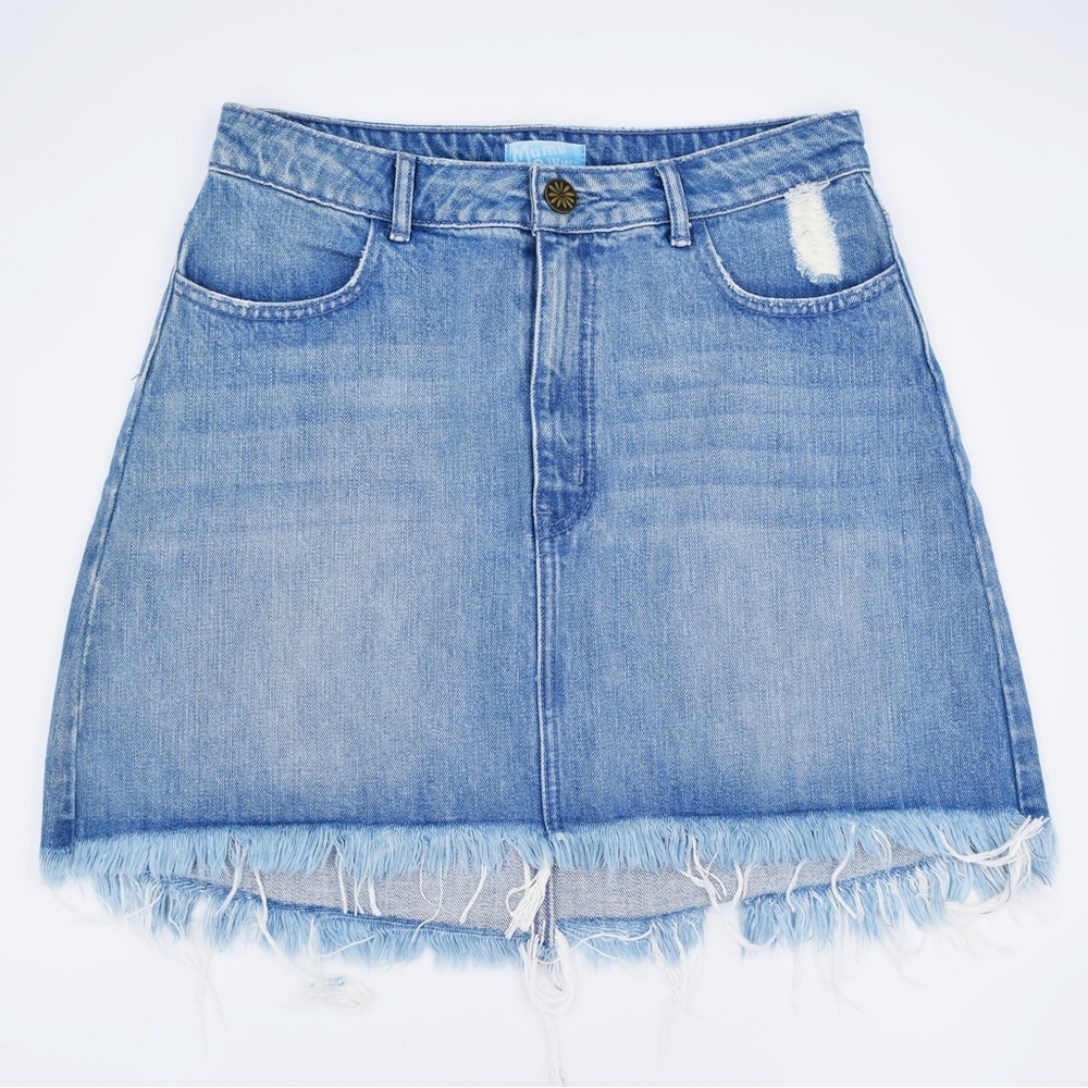 SHOW ME YOUR MUMU Atlanta A-Line Frayed Hem Denim Skirt in Brook Wash Size 28